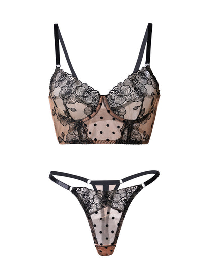 Nude Black Spot Soft Lace Widen Side Lingerie Set Elegance