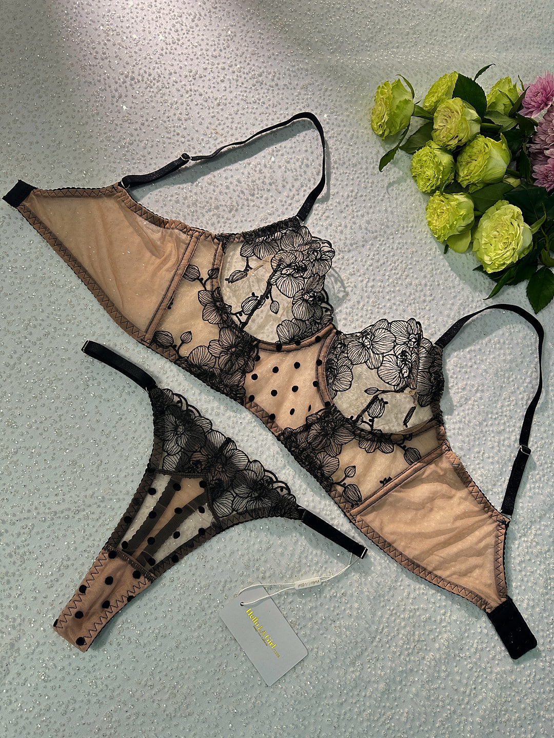 Nude Black Spot Soft Lace Widen Side Lingerie Set Elegance