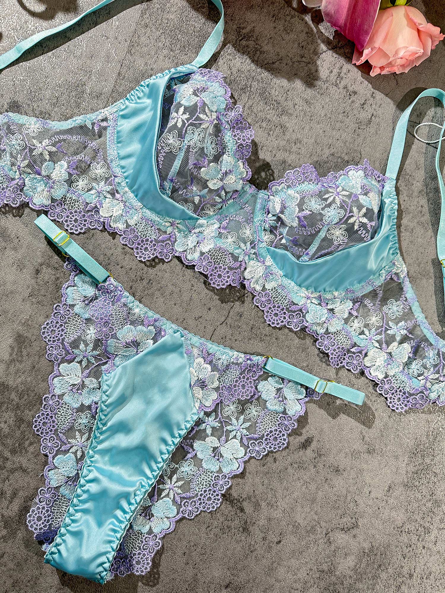 Romantic Blue Embroidery Thong Lingerie Set for Women Hello.LA.Girl