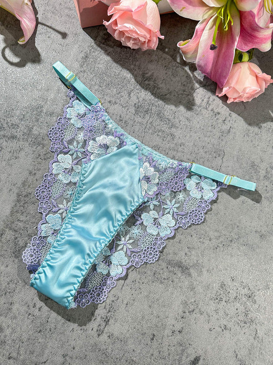 Romantic Blue Embroidery Thong Lingerie Set for Women Hello.LA.Girl