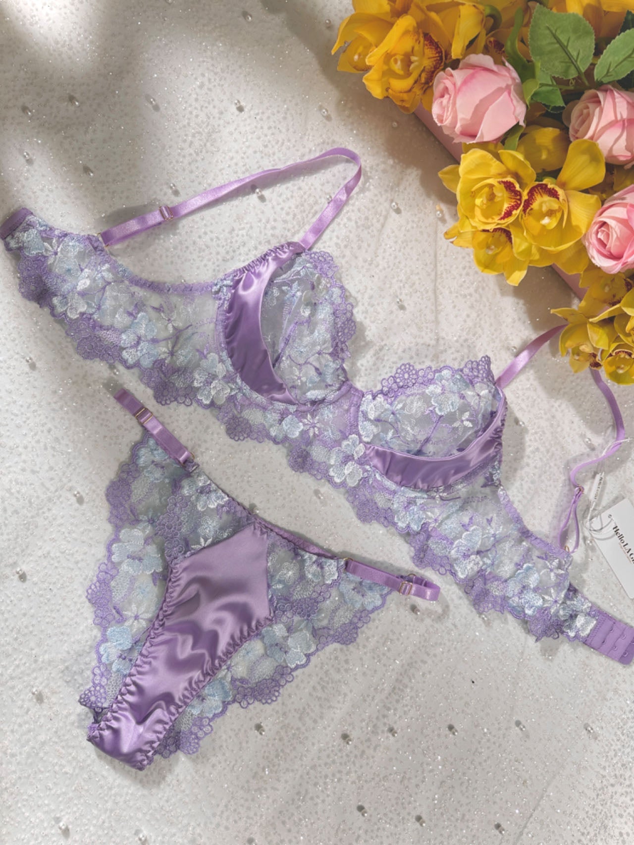 Lavender Floral Embroidered Satin Push-up Lingerie Set