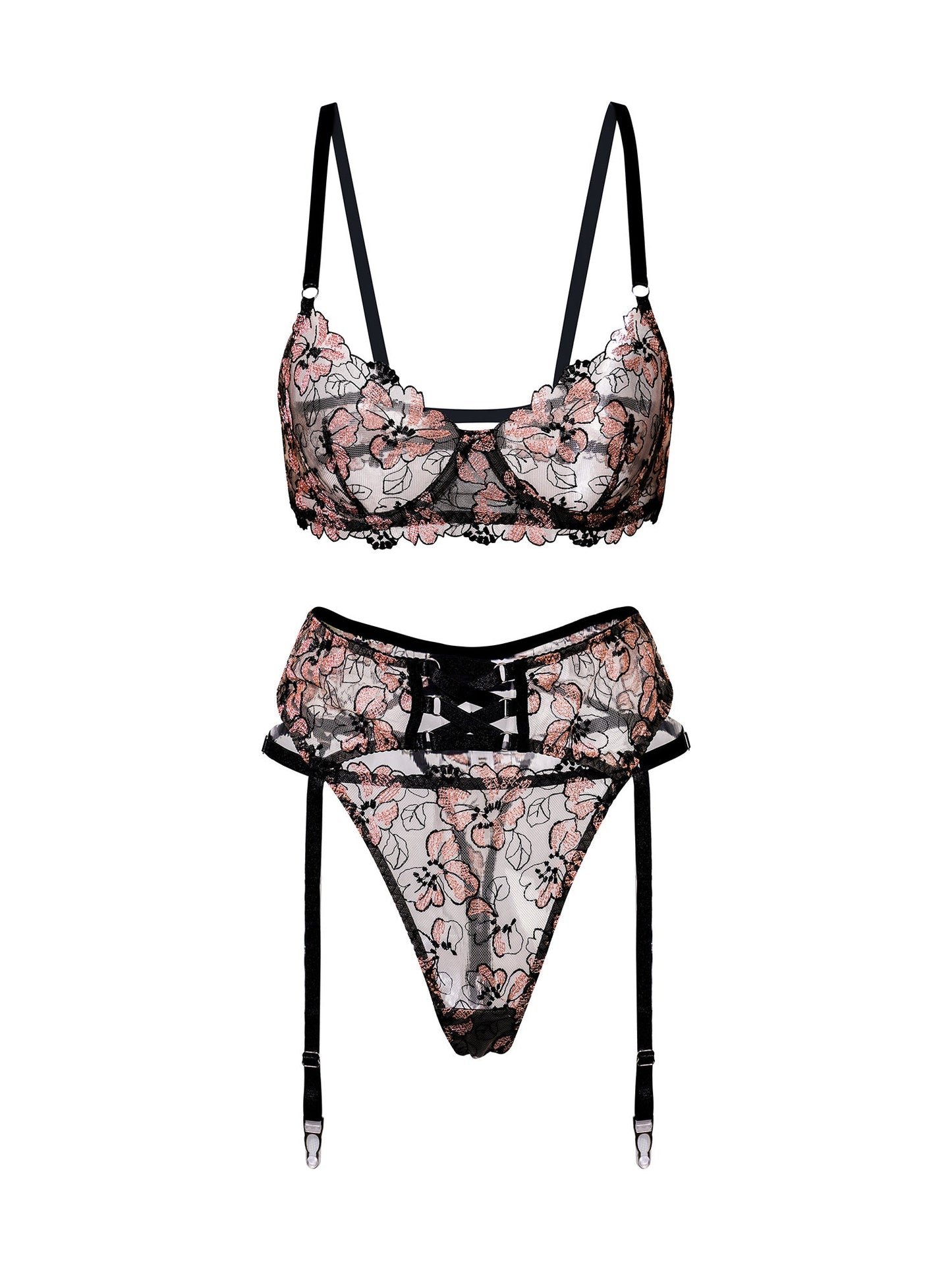 Black& Dustyrose Flowers Lingerie Set for Sensual Elegance