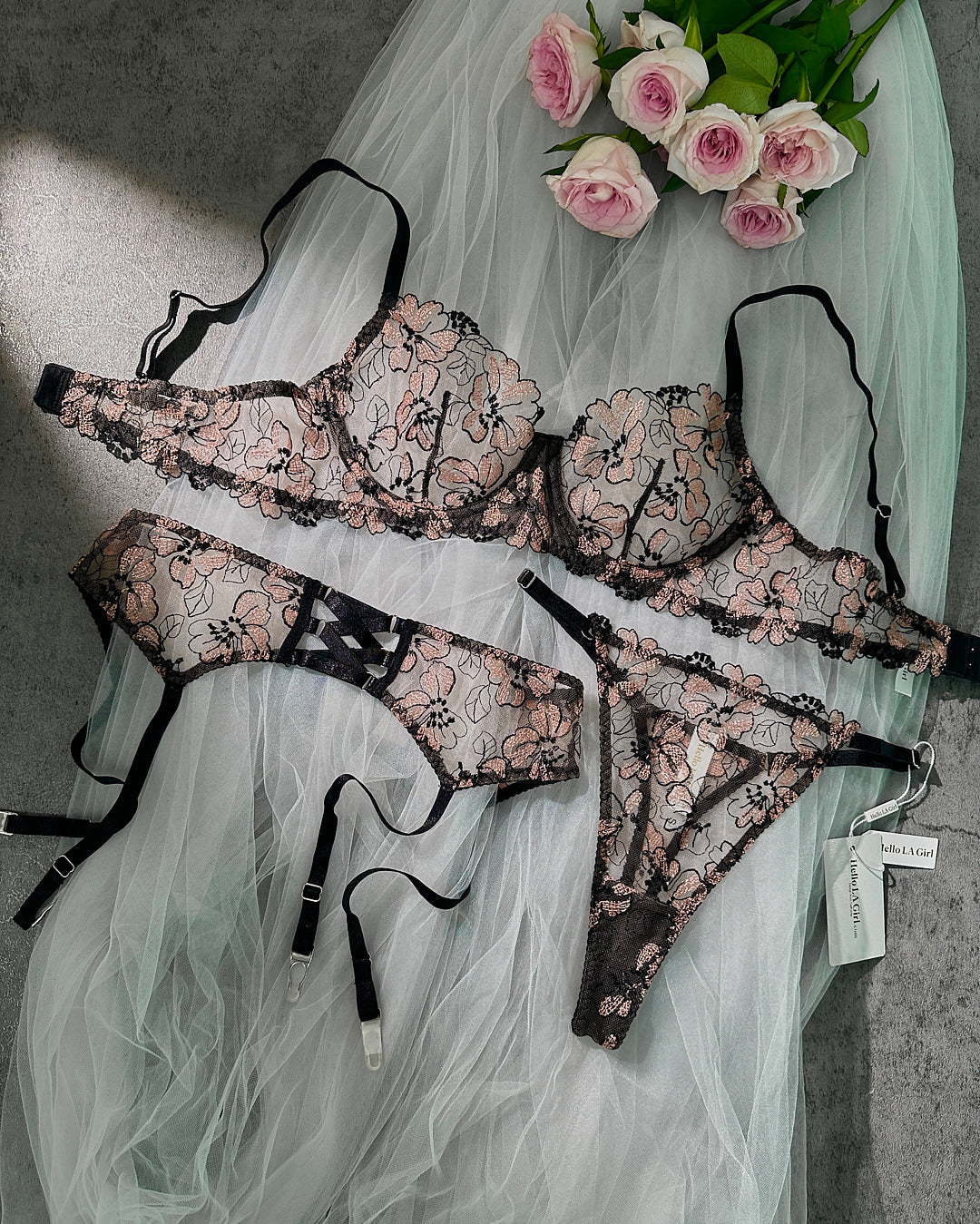 Black& Dustyrose Flowers Lingerie Set for Sensual Elegance