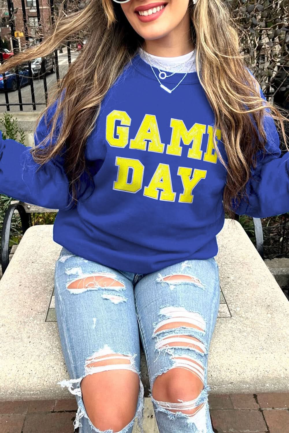 Dark Blue Game Day Crew Neck Graphic Pullover Sweatshirt - Love Salve 
