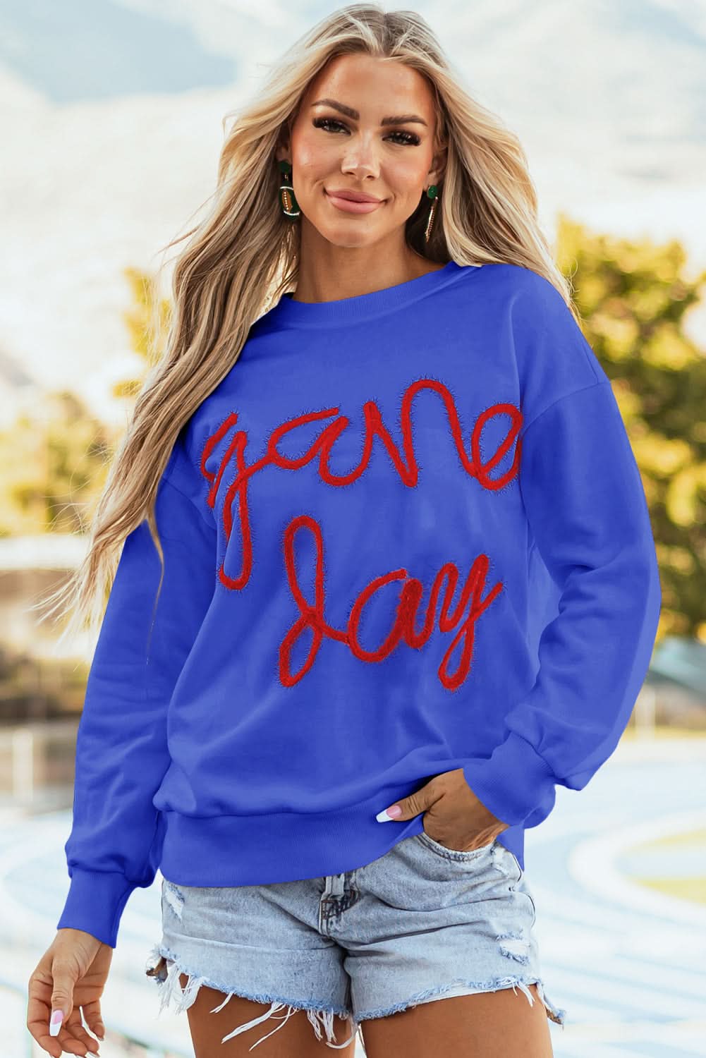 Dark Blue Tinsel Game Day Drop Shoulder Graphic Sweatshirt - Love Salve 