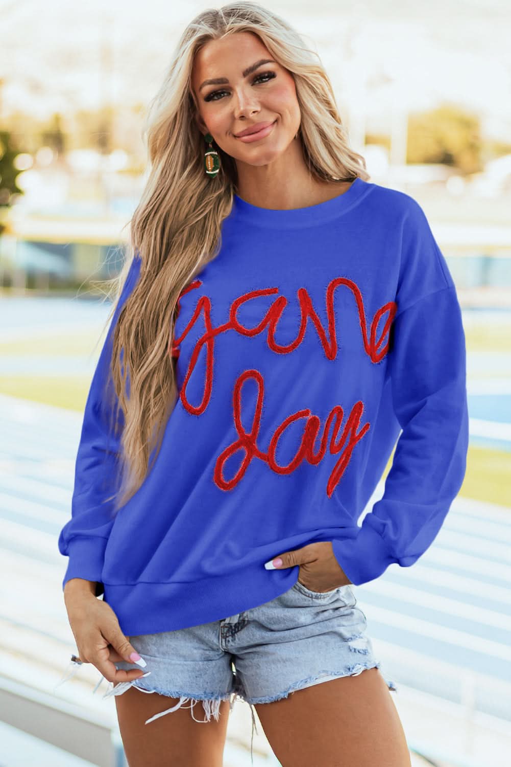 Dark Blue Tinsel Game Day Drop Shoulder Graphic Sweatshirt - Love Salve 