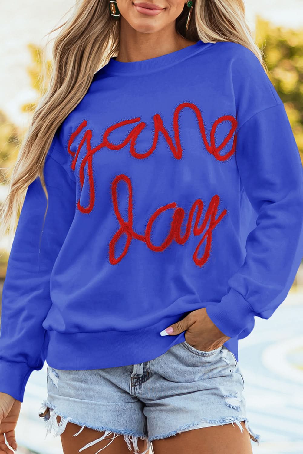 Dark Blue Tinsel Game Day Drop Shoulder Graphic Sweatshirt - Love Salve 