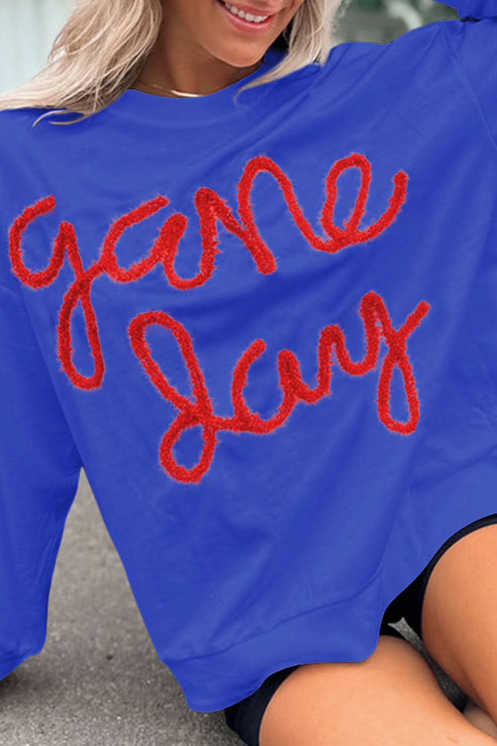 Dark Blue Tinsel Game Day Drop Shoulder Graphic Sweatshirt - Love Salve 