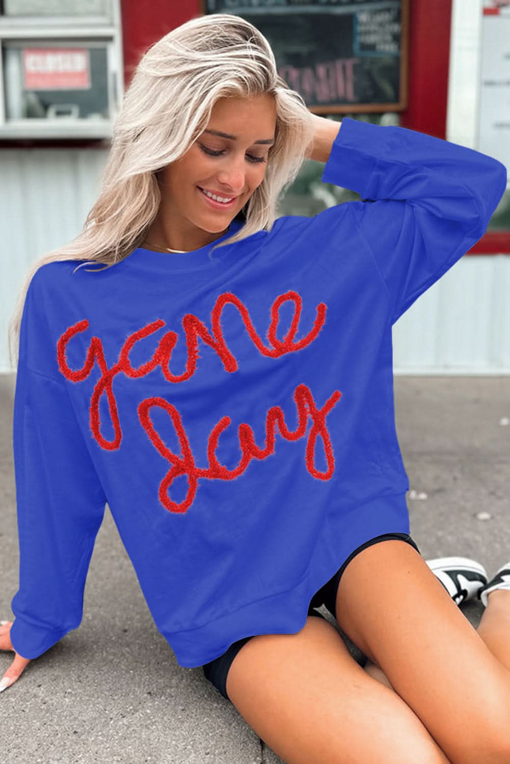 Dark Blue Tinsel Game Day Drop Shoulder Graphic Sweatshirt - Love Salve 
