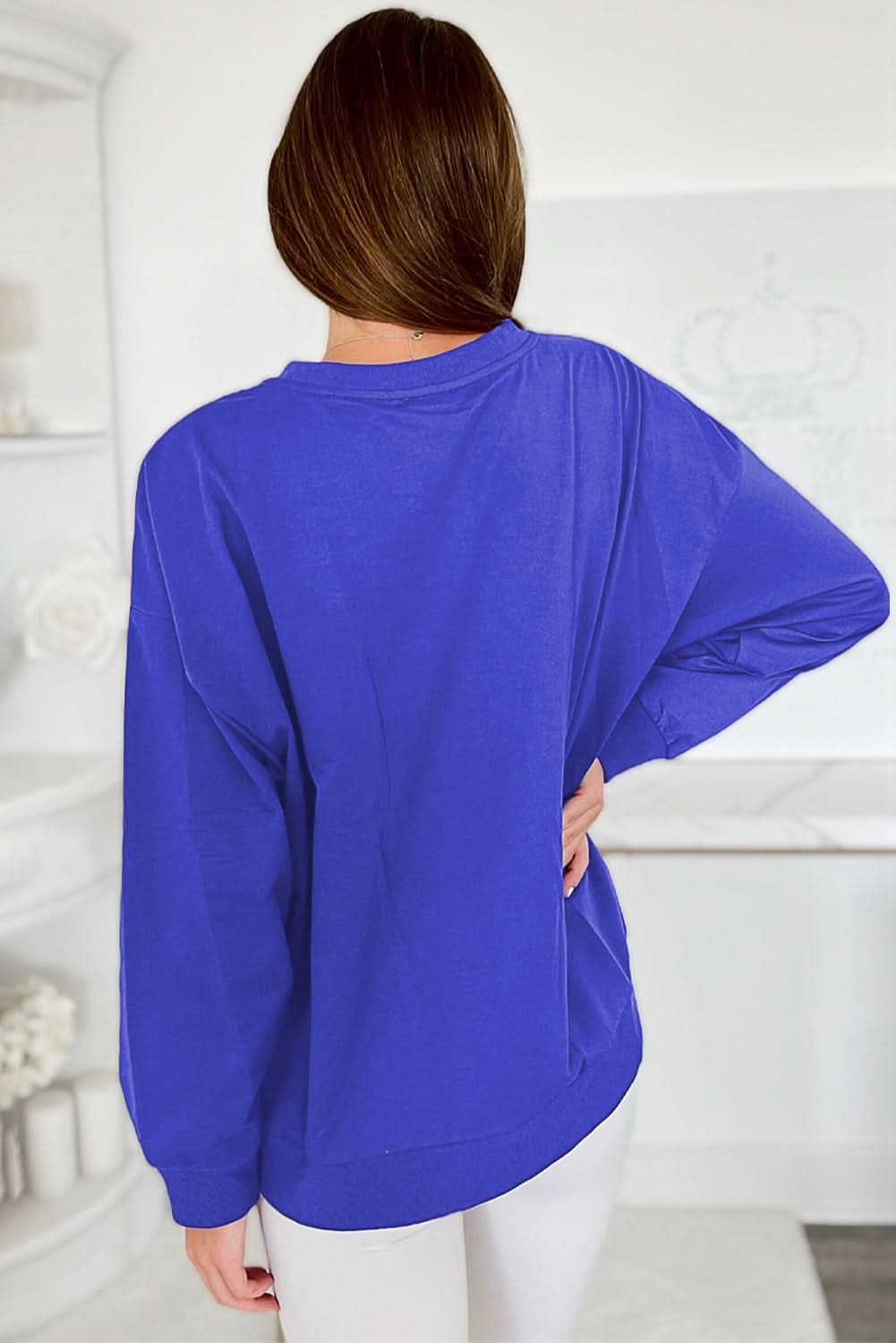 Dark Blue Tinsel Game Day Drop Shoulder Graphic Sweatshirt - Love Salve 