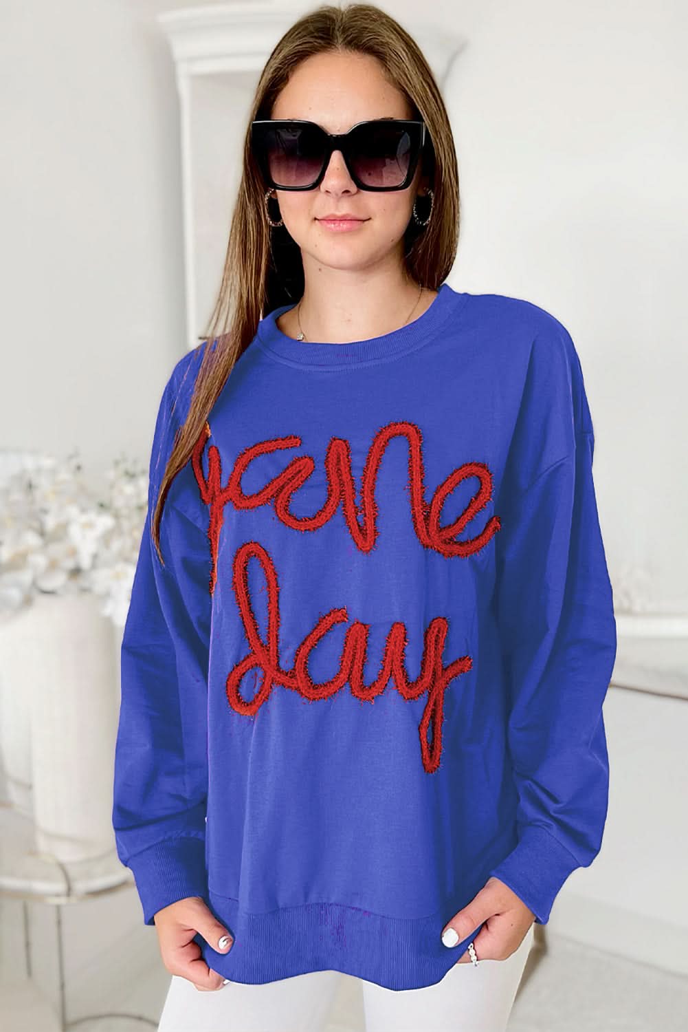 Dark Blue Tinsel Game Day Drop Shoulder Graphic Sweatshirt - Love Salve 