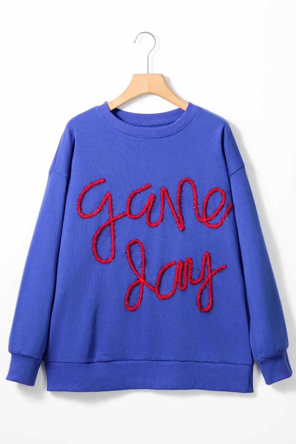 Dark Blue Tinsel Game Day Drop Shoulder Graphic Sweatshirt - Love Salve 