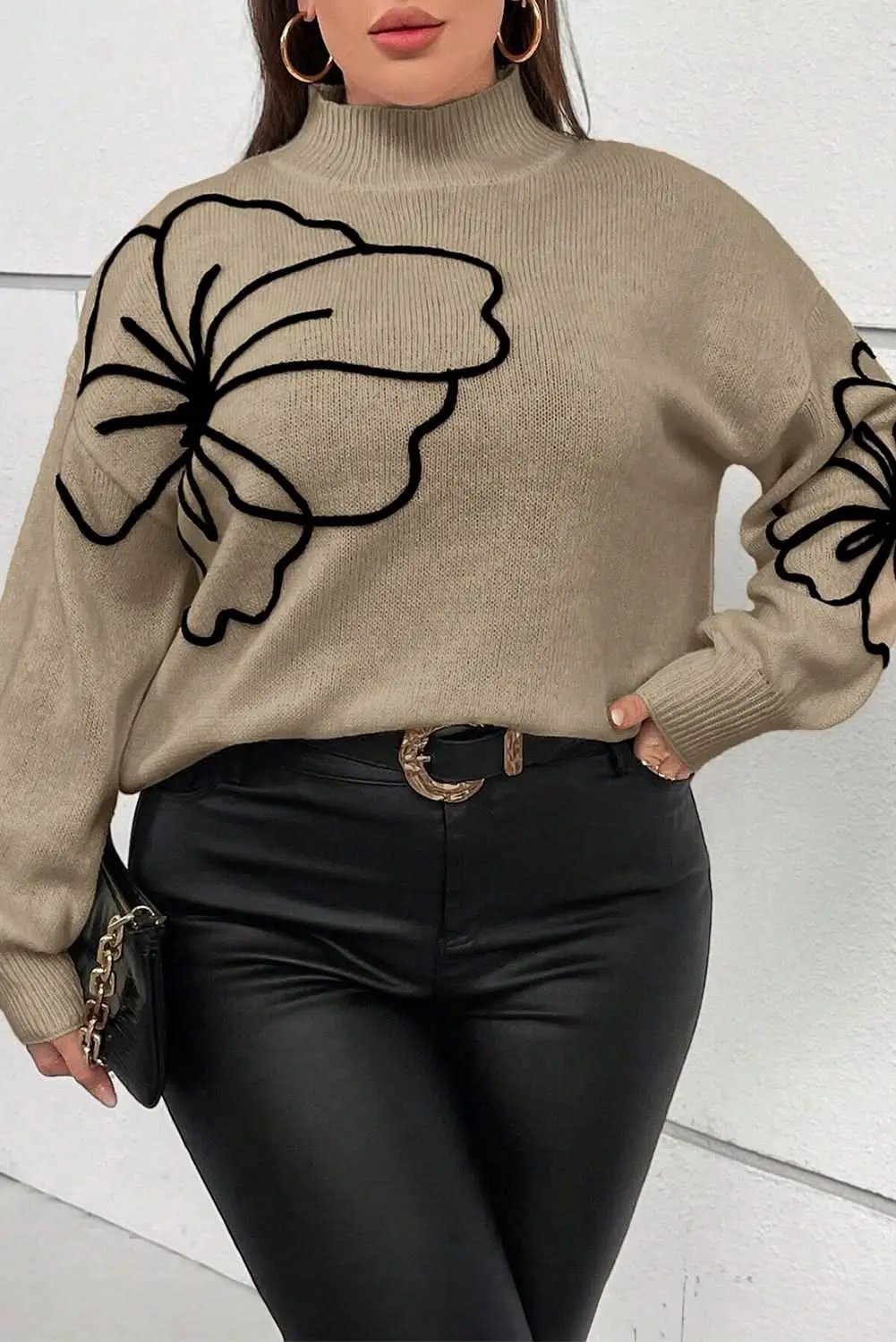 Dark Khaki Plus Size Big Flower Pattern High Neck Drop Shoulder Sweater - Love Salve 