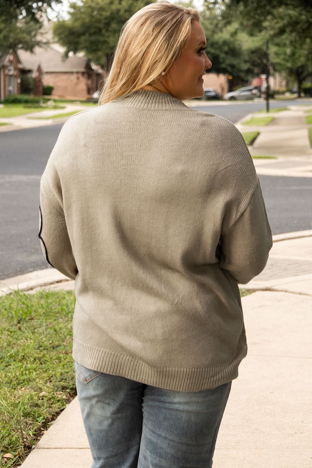 Dark Khaki Plus Size Big Flower Pattern High Neck Drop Shoulder Sweater - Love Salve 
