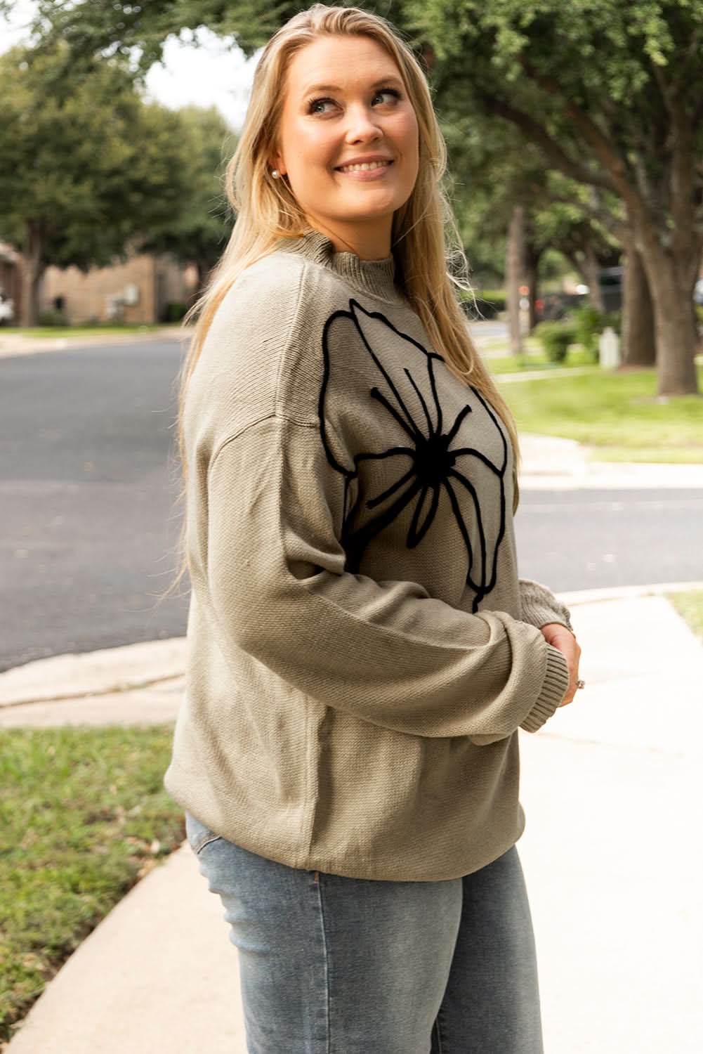 Dark Khaki Plus Size Big Flower Pattern High Neck Drop Shoulder Sweater - Love Salve 