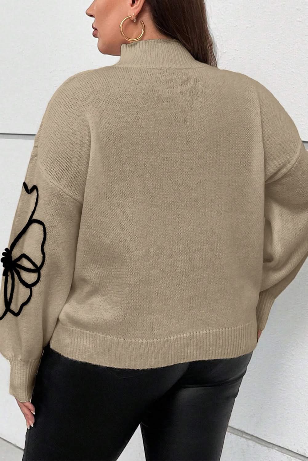Dark Khaki Plus Size Big Flower Pattern High Neck Drop Shoulder Sweater - Love Salve 