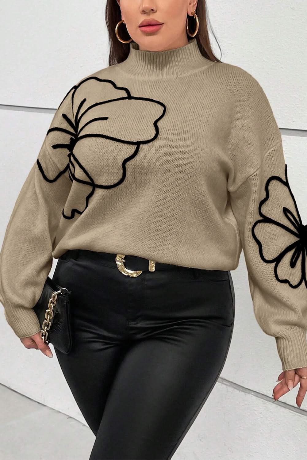 Dark Khaki Plus Size Big Flower Pattern High Neck Drop Shoulder Sweater - Love Salve 