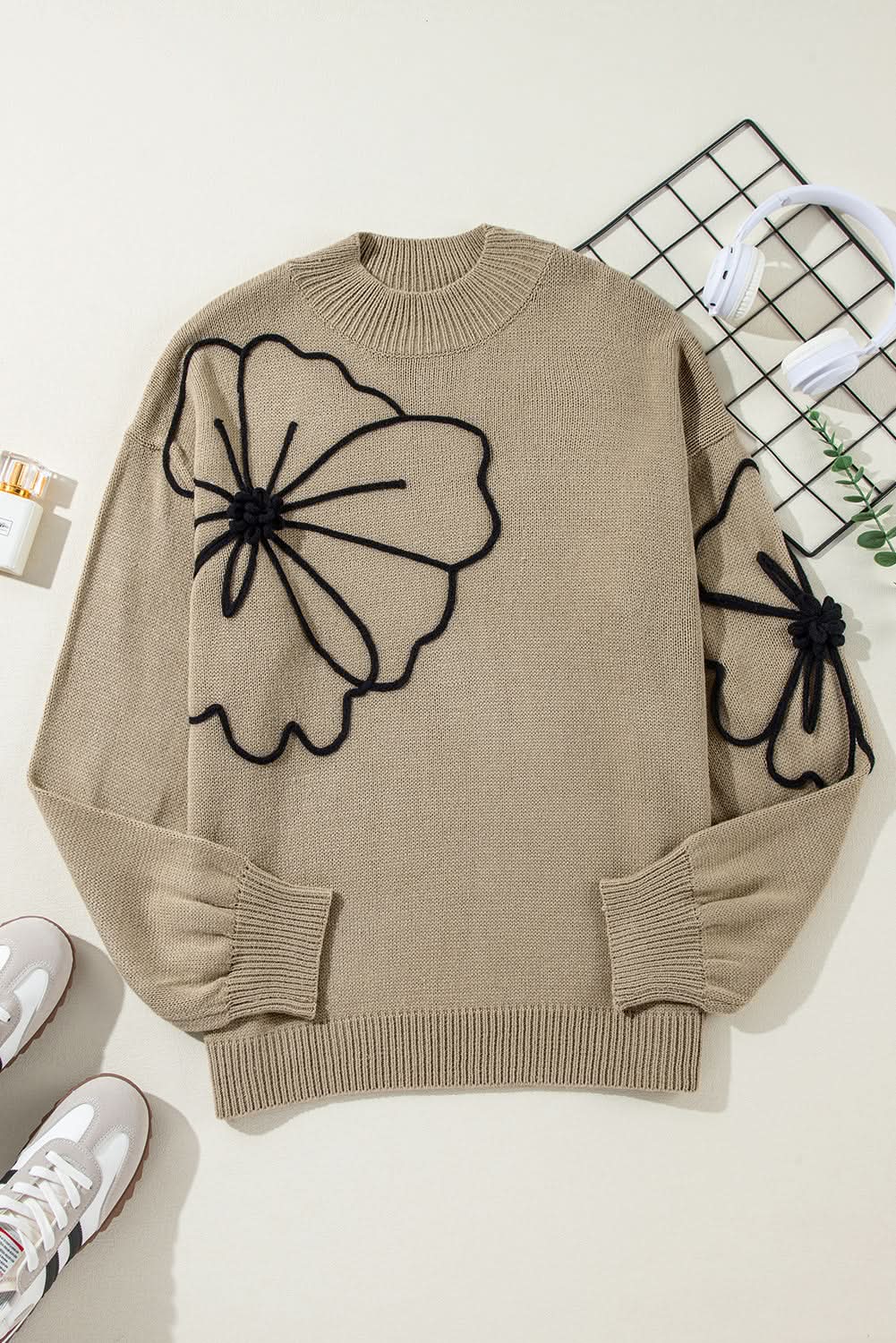 Dark Khaki Plus Size Big Flower Pattern High Neck Drop Shoulder Sweater - Love Salve 