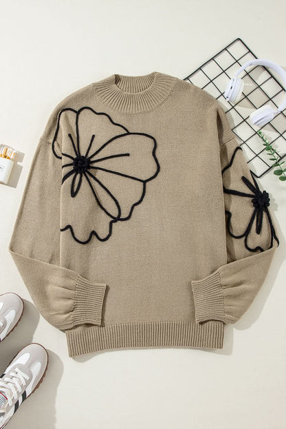 Dark Khaki Plus Size Big Flower Pattern High Neck Drop Shoulder Sweater - Love Salve 