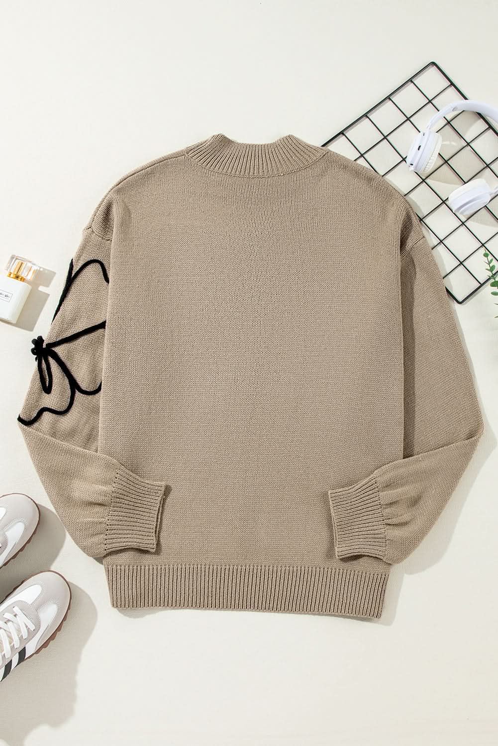 Dark Khaki Plus Size Big Flower Pattern High Neck Drop Shoulder Sweater - Love Salve 