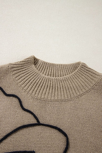 Dark Khaki Plus Size Big Flower Pattern High Neck Drop Shoulder Sweater - Love Salve 
