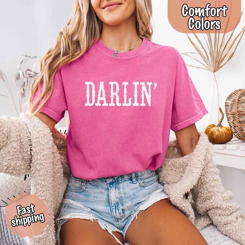 Lifestyle image of the Darlin’ Comfort Colors Tee, perfect for a casual country girl outing with western flair.