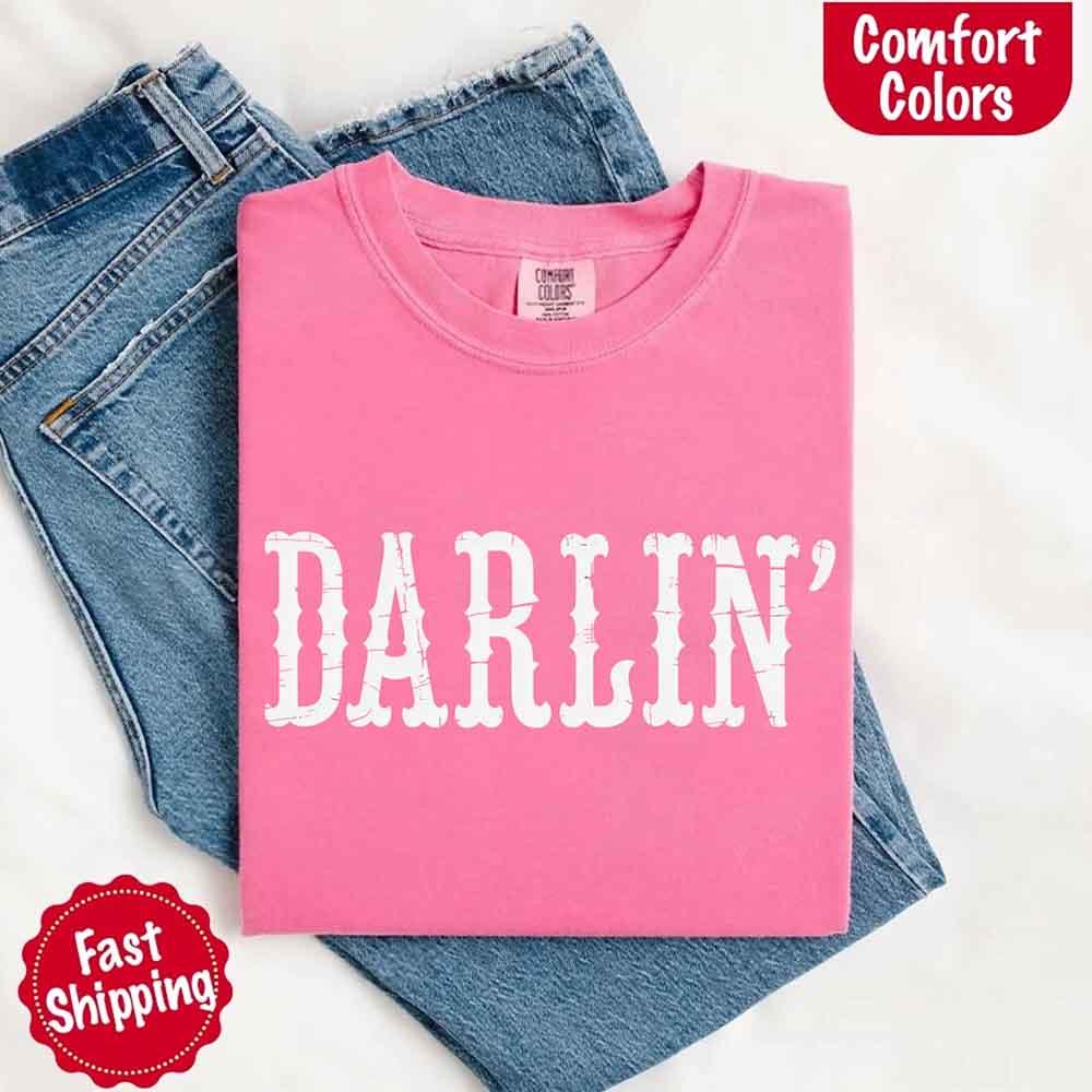 Model wearing the Adorb Custom Tees Darlin' shirt, showing the relaxed, comfortable fit of this western cowgirl style tee.