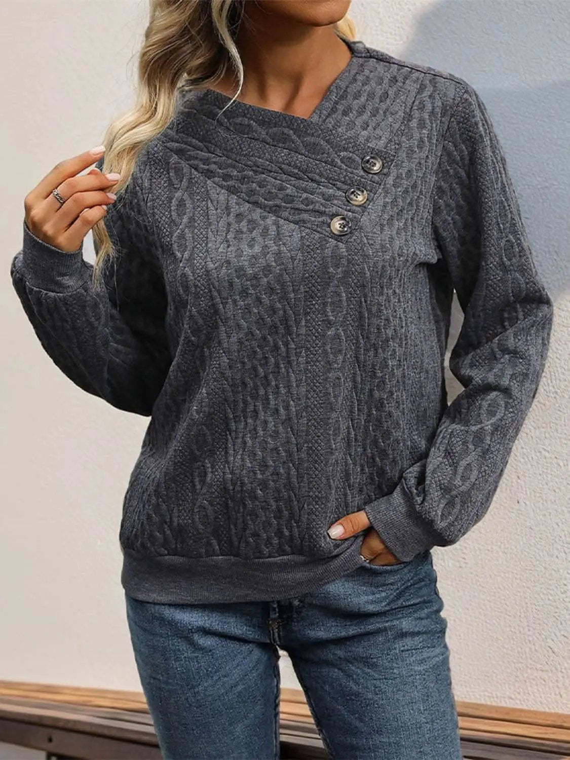 Decorative button long sleeve top - Love Salve 