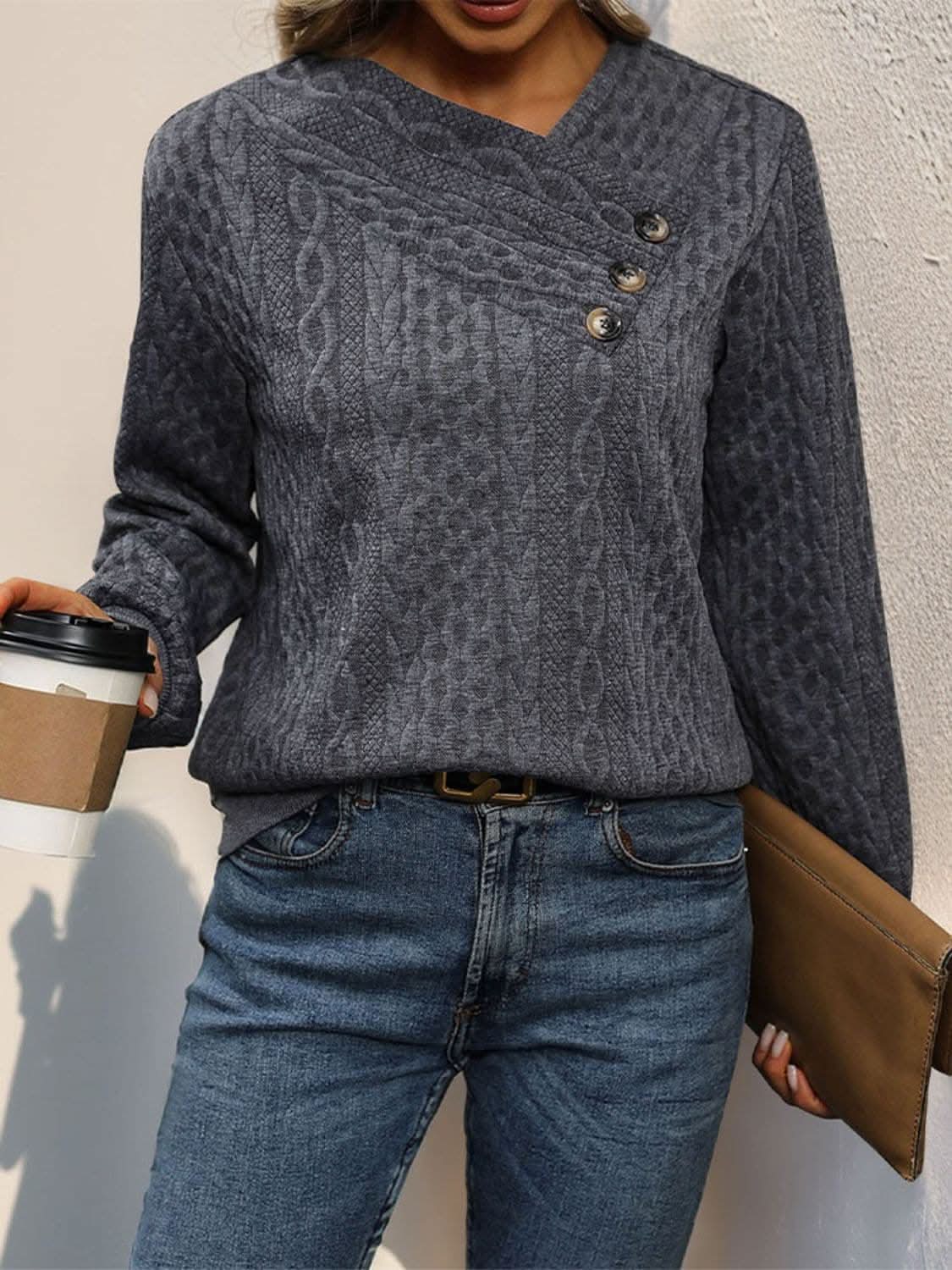 Decorative button long sleeve top - Love Salve 