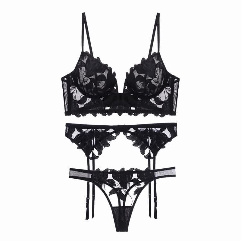Deep V embroidered lingerie set 