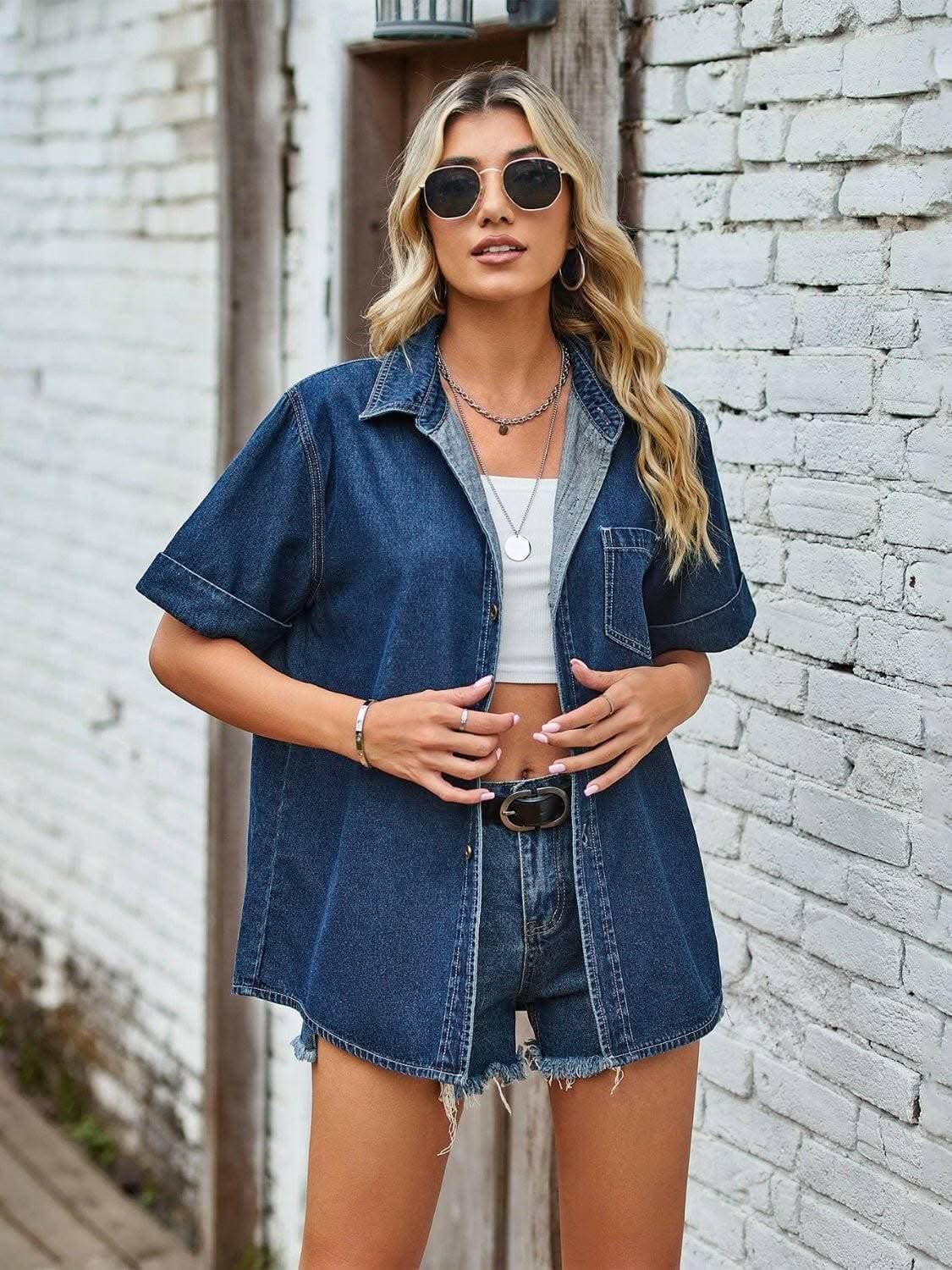 Denim button-up shirt with pockets - Love Salve 
