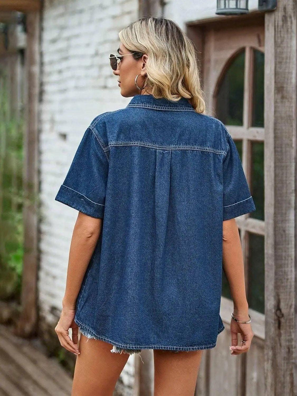 Denim button-up shirt with pockets - Love Salve 