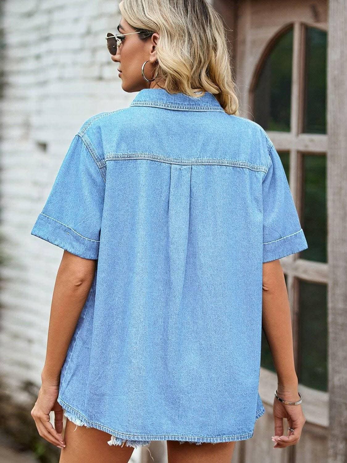 Denim button-up shirt with pockets - Love Salve 