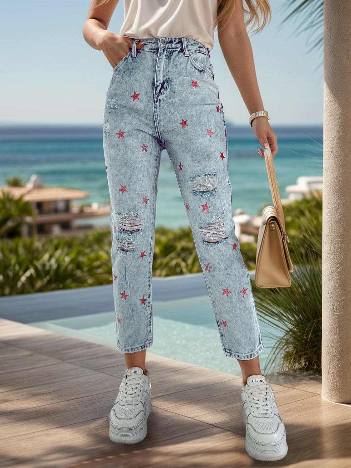 Distressed star pocket jeans - Love Salve 