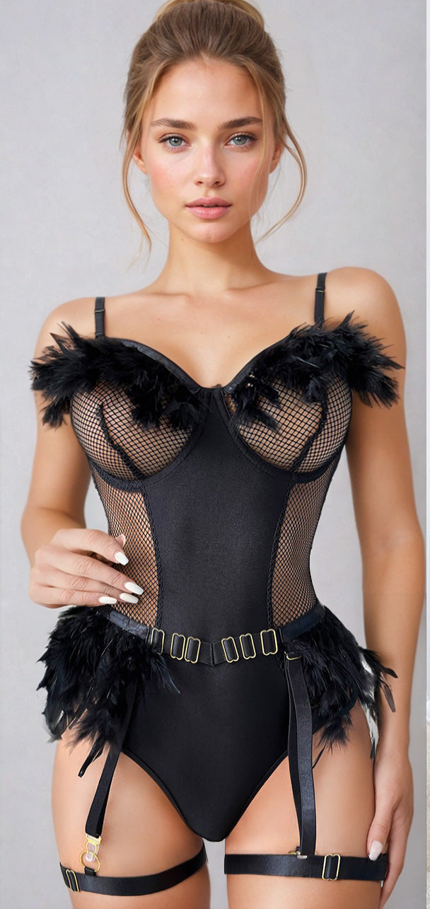 3wishes.com Apparel & Accessories > Lingerie - 3wishes: Luxe Feather Teddy Lingerie - Premium Quality 3wishes.com
