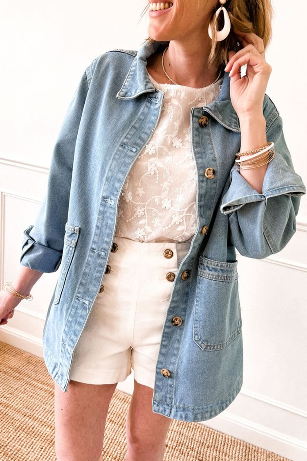 Dusk Blue Slit Buttons Pocketed Denim Jacket - Love Salve 