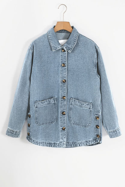 Dusk Blue Slit Buttons Pocketed Denim Jacket - Love Salve 