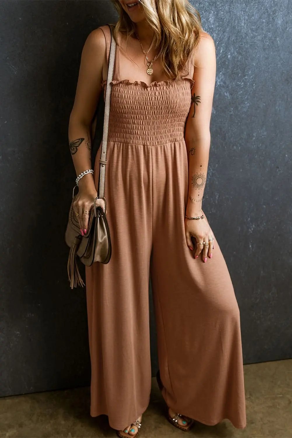 Dusty Pink Ruffled Shirred Wide Leg Sleeveless Jumpsuit - Love Salve 