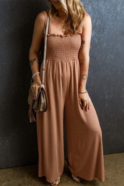 Dusty Pink Ruffled Shirred Wide Leg Sleeveless Jumpsuit 