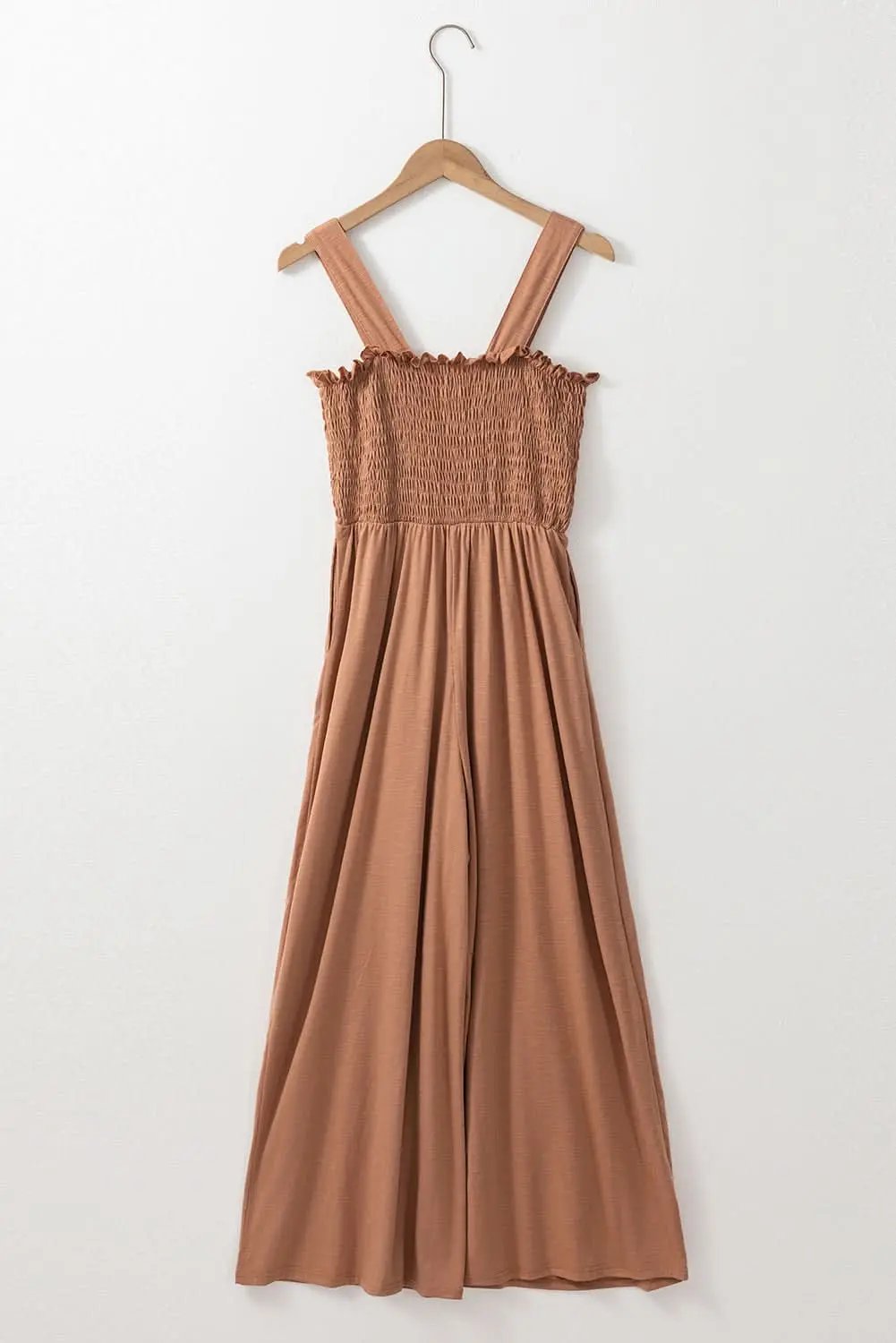 Dusty Pink Ruffled Shirred Wide Leg Sleeveless Jumpsuit - Love Salve 