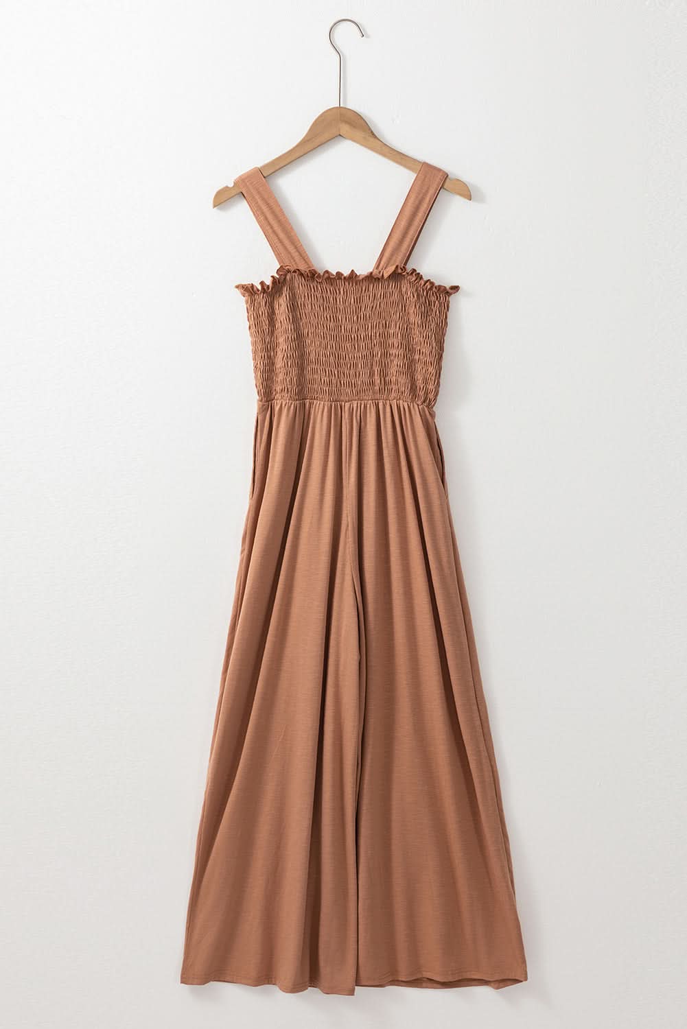 Dusty Pink Ruffled Shirred Wide Leg Sleeveless Jumpsuit 