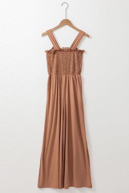 Dusty Pink Ruffled Shirred Wide Leg Sleeveless Jumpsuit 