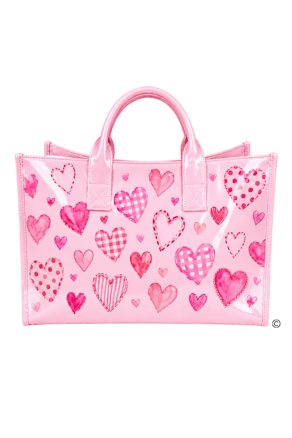 Love Notes Pink Vinyl Tote Bag With Watercolor Heart Patterns