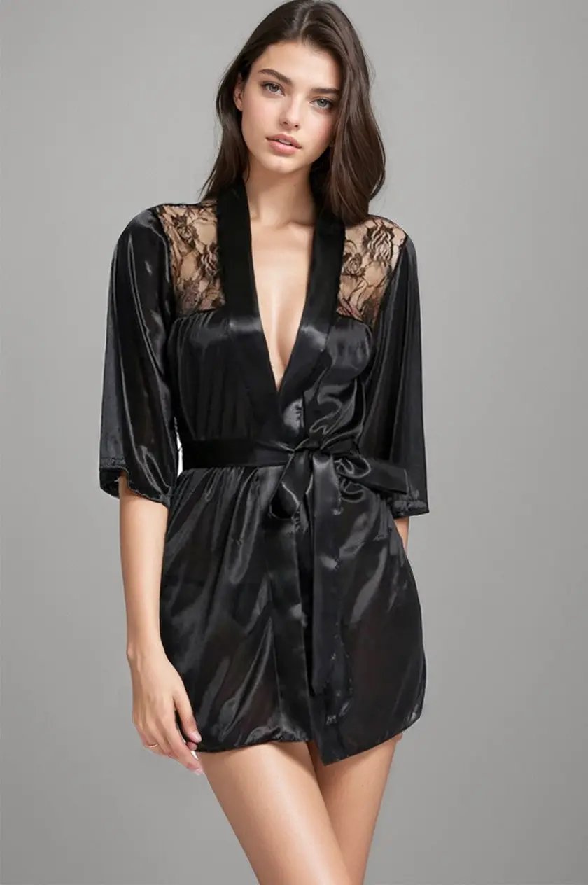 Satin Robe with Lace 3wishes.com