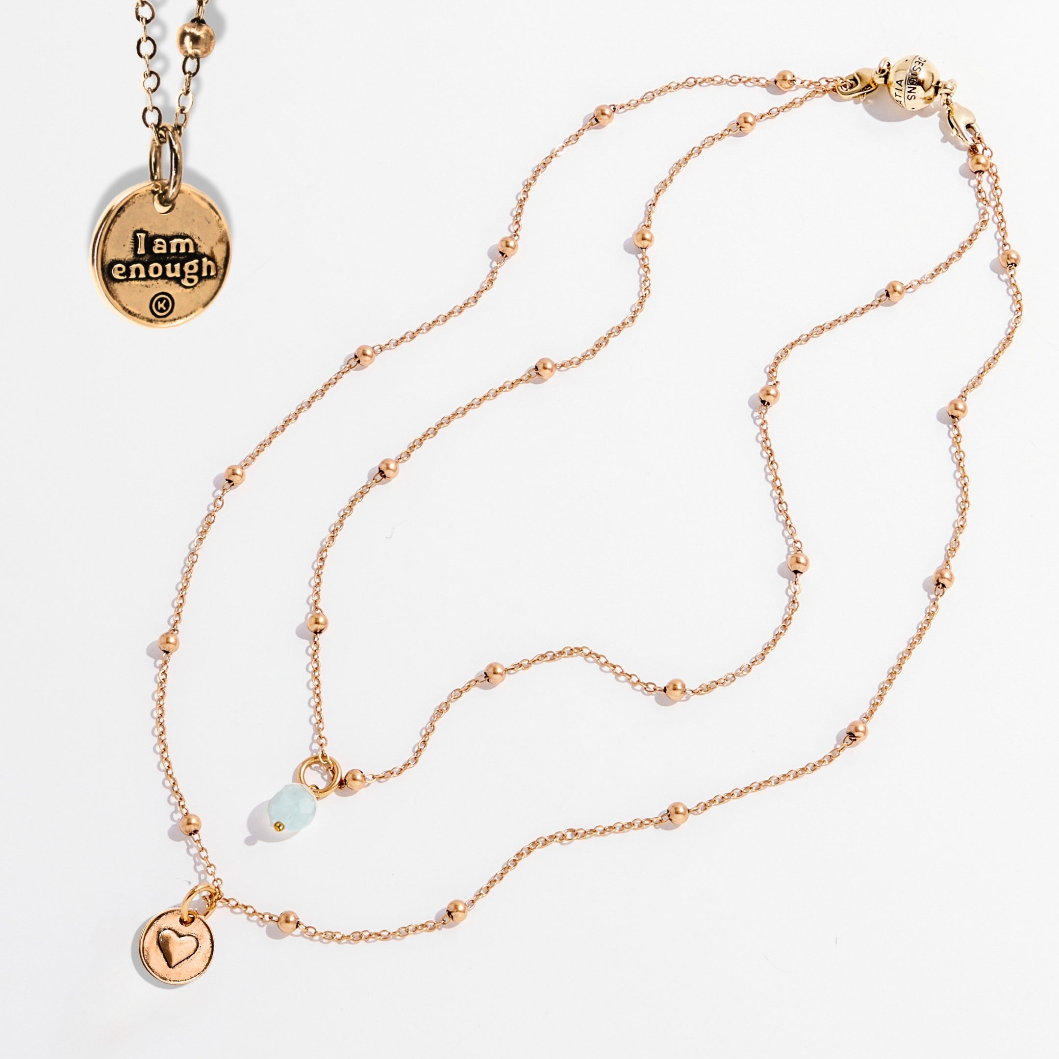 I Am Enough Heart Dainty Necklace With 36 Brass Chain Pendant Black Lip Pearl Katia Designs