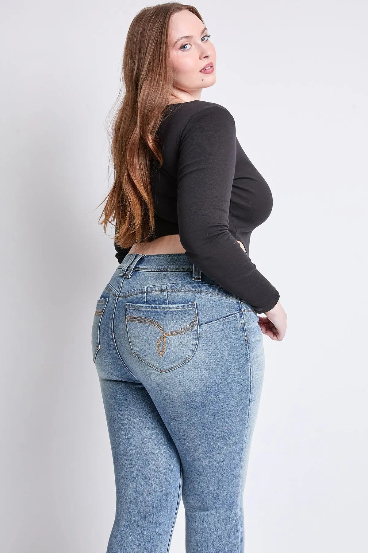 Women's Plus WannaBettaButt Mid Rise Embroidered Skinny Jean YMI JEANS