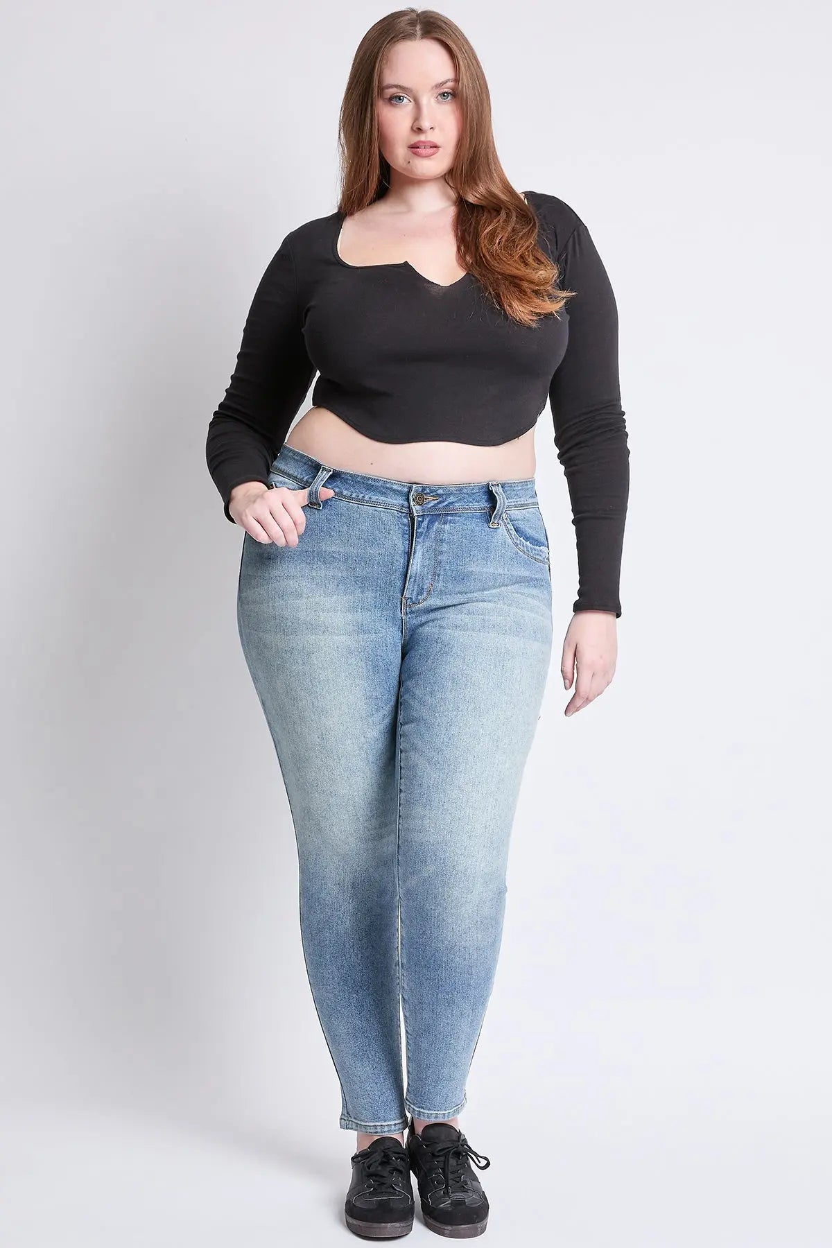 Women's Plus WannaBettaButt Mid Rise Embroidered Skinny Jean YMI JEANS