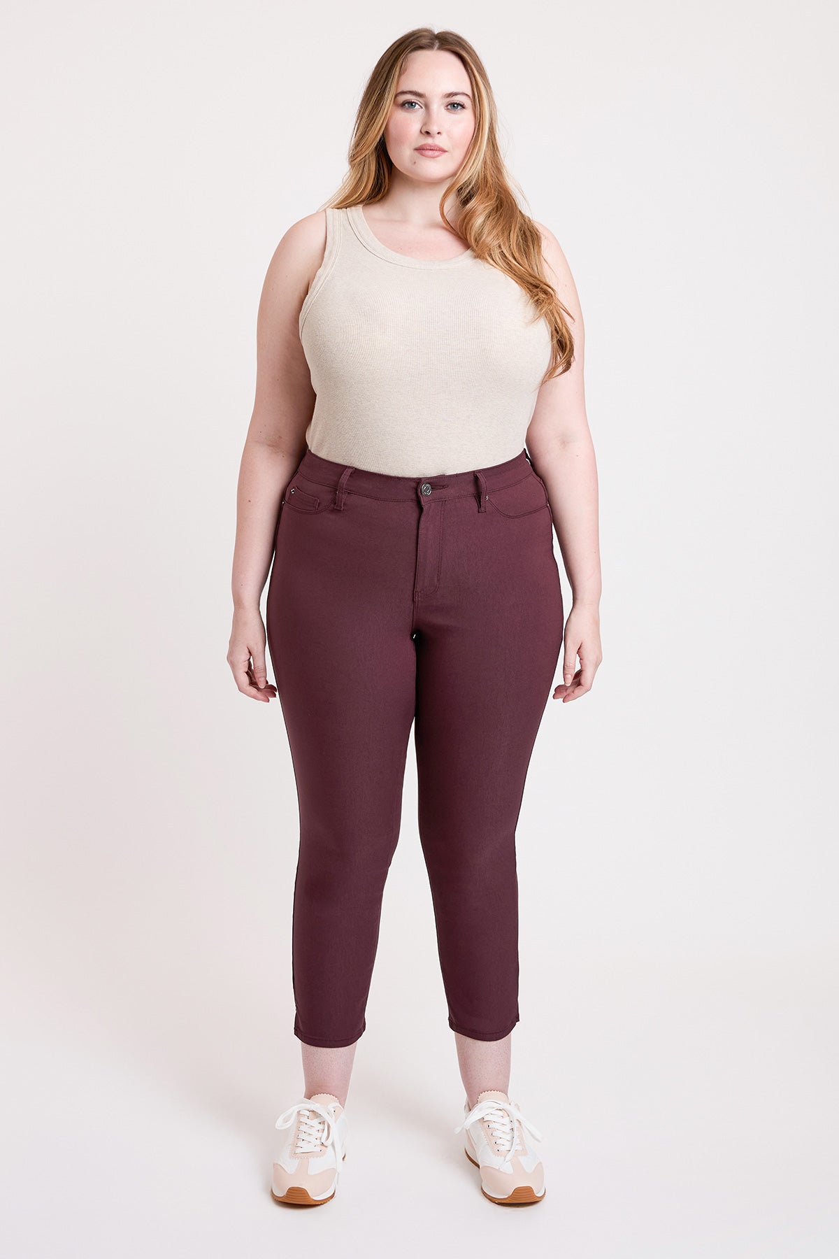 YMI JEANS Women's Plus High Rise Hyperstretch Cropped Straight Pants, full view, showcasing the modern straight leg style.