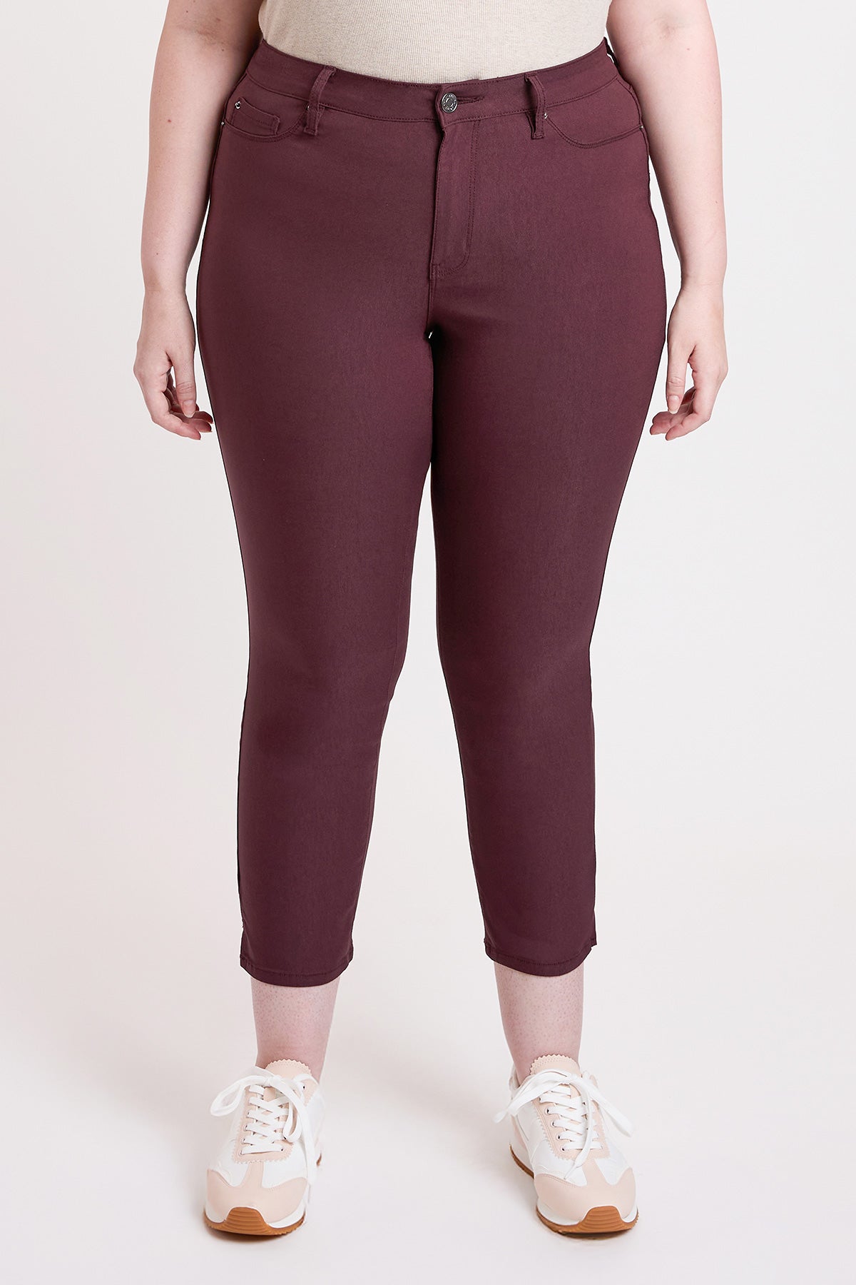 Close-up of YMI JEANS Women's Plus High Rise Hyperstretch Cropped Straight Pants fabric, emphasizing its comfortable stretch.
