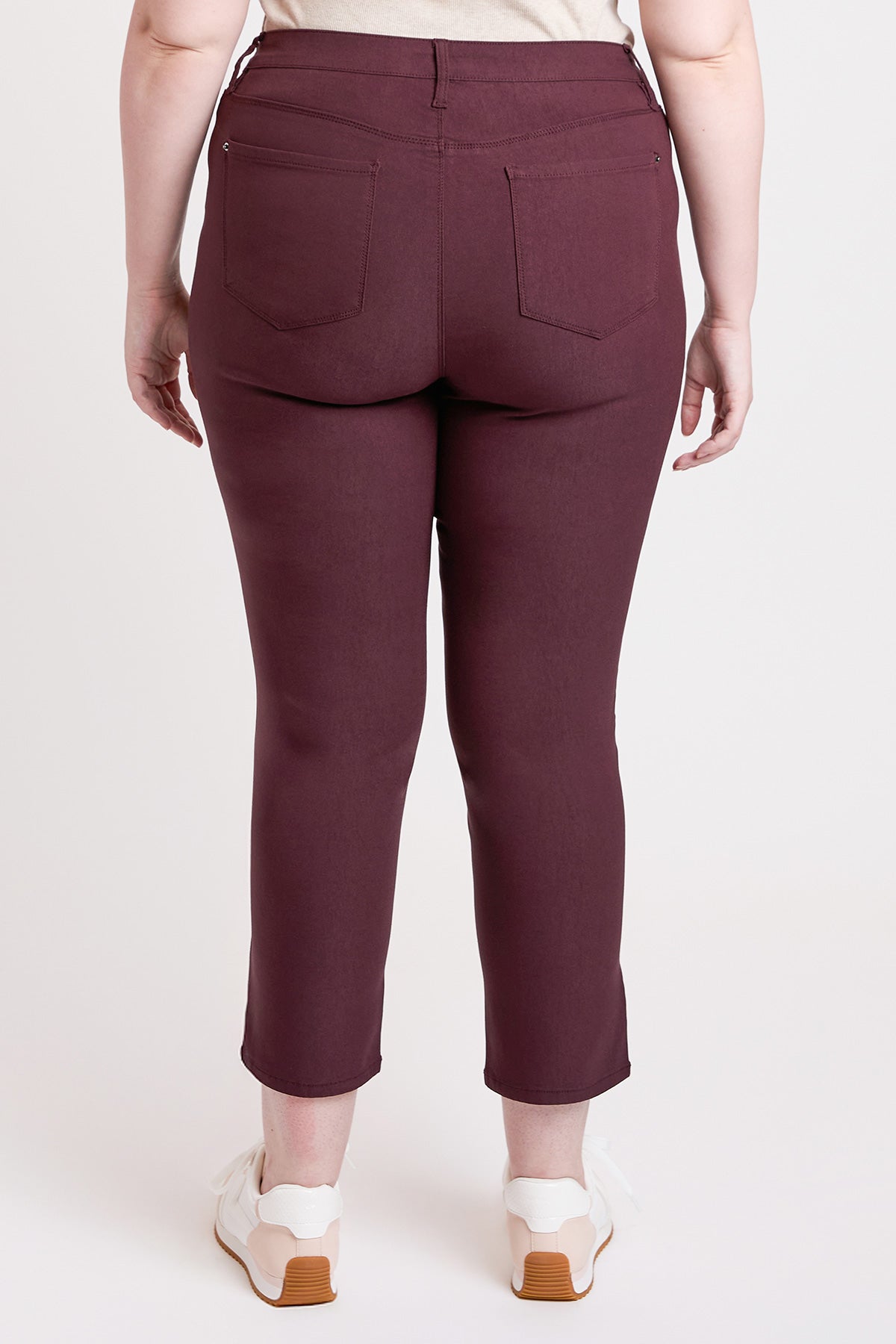 Detail of the waistband on YMI JEANS Women's Plus High Rise Hyperstretch Cropped Straight Pants, showing quality construction